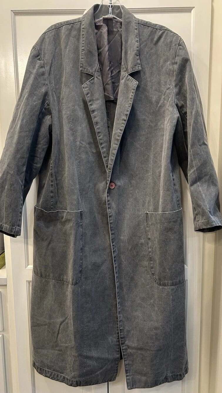 Vtg 80s Gray Cotton Denim Duster Long Coat One Button Hong Kong Unisex Sz Medium